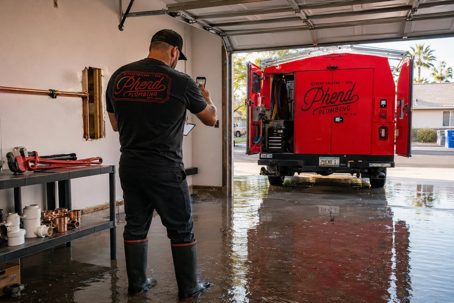 Phend Plumbing technician documenting flood damage in an East Valley garage with standing water