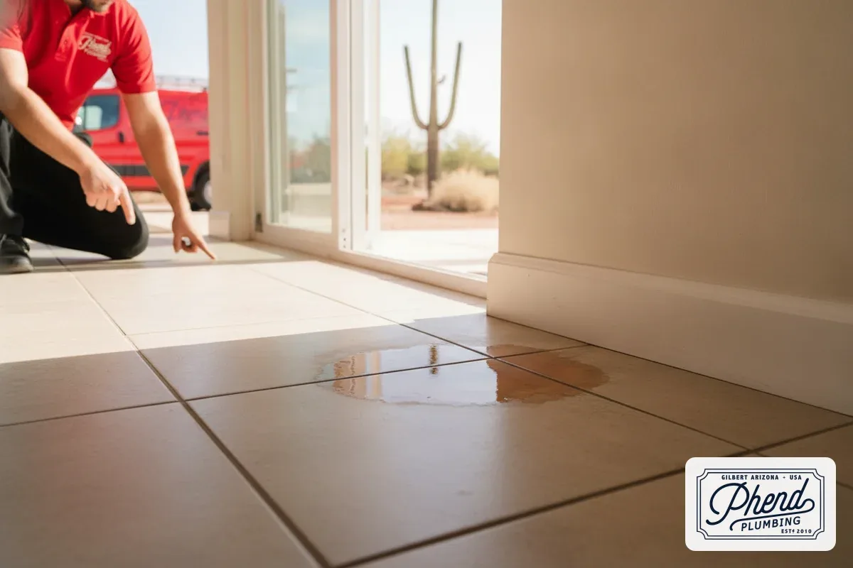 Warm damp spot on tile floor indicating a possible slab leak in an East Valley Arizona home