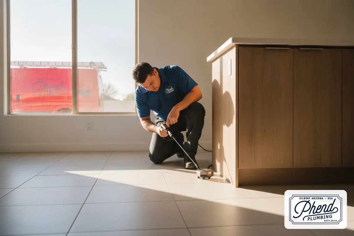 Plumber using acoustic leak detection equipment on tile floor in Chandler Arizona home